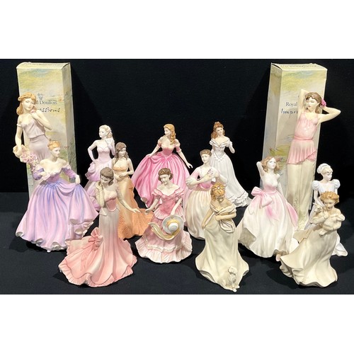 375 - Royal Doulton figures - Lambing Time Hn 3855. Amy Hn 3854, Eleanor Hn 3906, Morning Walk Hn3860, Mes... 