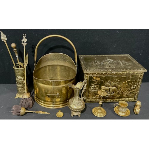 377 - Metalware - a brass coal scuttle; log box; etc