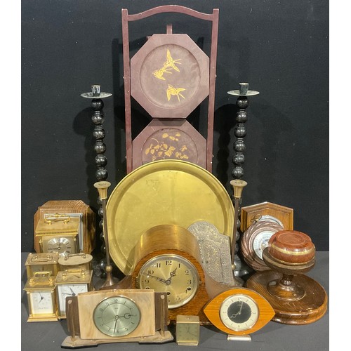 378 - A mid 20th century oak Napoleon hat mantel clock; an oak circular aneroid wall barometer, rope twist... 