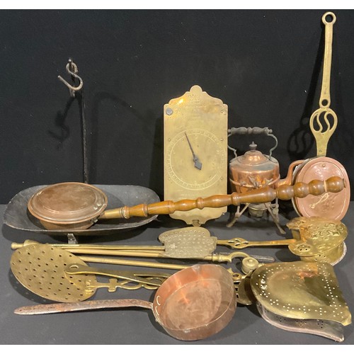380 - Brass and Copper - a Salter's No. 60 Trade Spring Balance; 19th century chestnut roasters; a brass s... 