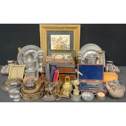 381 - Boxes and Objects - 18th century pewter plates; straight or cut-throat razors; 19th century brass ca... 