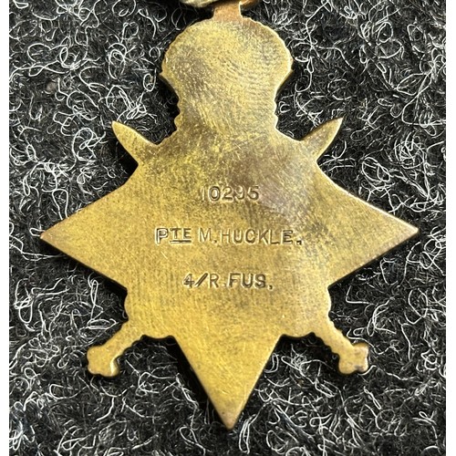 5011 - WW1 1914 Star with 5th August 1914 Clasp, British War Medal and Victory Medal all named to 10295 Pte... 