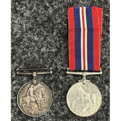 5017 - WW1 British War Medal to SE-19293 Pte WE Dent, Army Veterniary Corps. No ribbon. Along with a WW2 Br... 