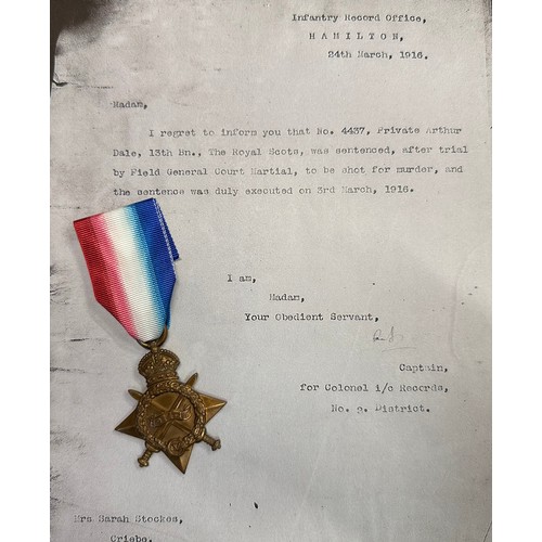 5021 - WW1 British 1914-15 Star to Shot at Dawn Casualty to 4437 Pte Arthur Dale, Royal Scots, Comes with f... 