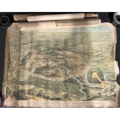 389 - Cartography, historical maps – Stannard’s perspective View of Paris and its Environs, 1870, colour l... 