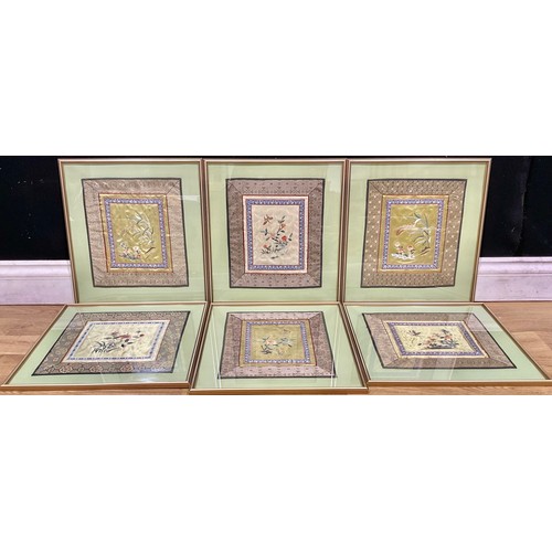 401 - A set of six Chinese embroidered panels, depicting traditional flowers and insects, each approx 28cm... 