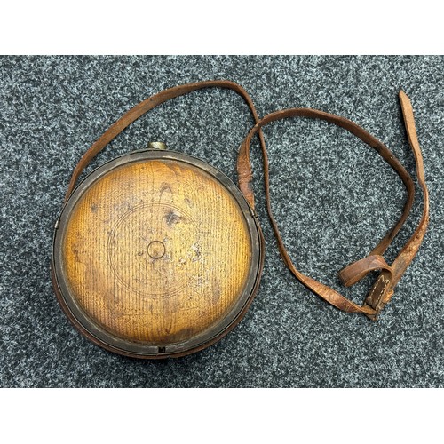 5088 - 19th Century Continental Wooden Canteen. 227mm in diameter. Iron bound. Marked 2.5. Complete with br... 