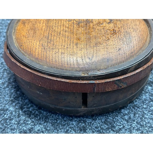 5088 - 19th Century Continental Wooden Canteen. 227mm in diameter. Iron bound. Marked 2.5. Complete with br... 