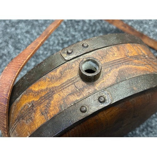 5088 - 19th Century Continental Wooden Canteen. 227mm in diameter. Iron bound. Marked 2.5. Complete with br... 