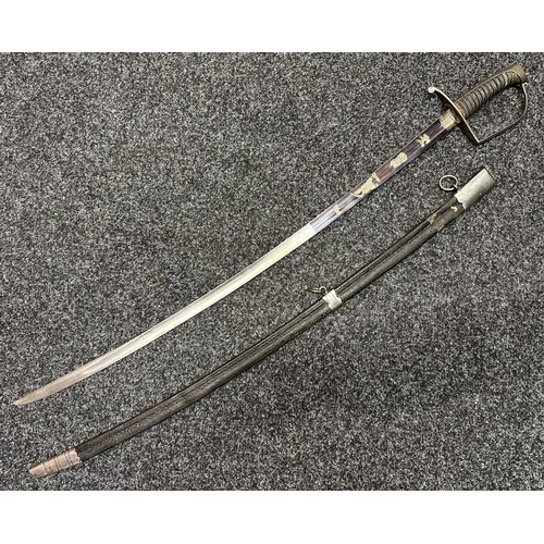 5098 - Georgian Officers Sword with curved fullered blade with engraved blued and gilded decoration 820mm i... 