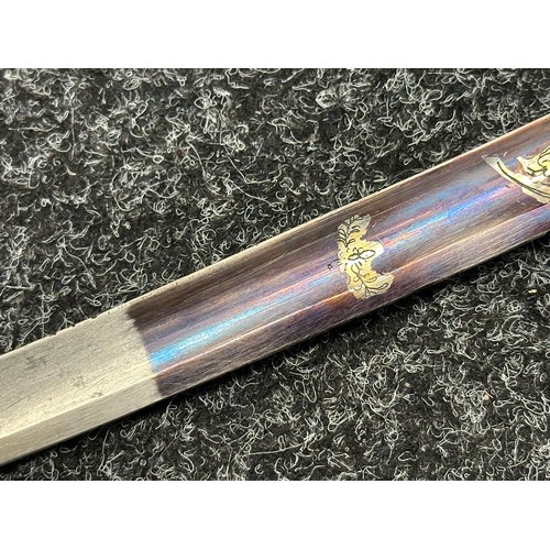 5098 - Georgian Officers Sword with curved fullered blade with engraved blued and gilded decoration 820mm i... 