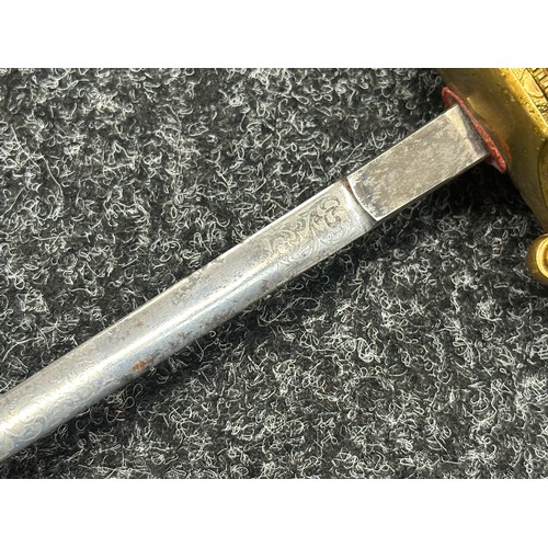 5102 - British Court Sword with double edged blade with etched decoration to both sides, maker marked 