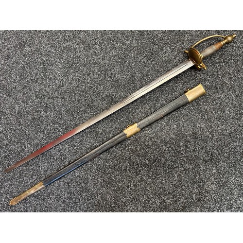 5105 - British Georgian Officers Sword with double edged fullered blade 815mm in length with engraved decor... 