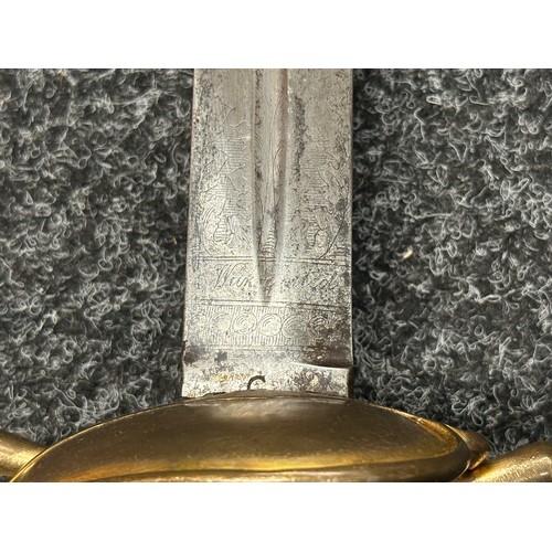 5105 - British Georgian Officers Sword with double edged fullered blade 815mm in length with engraved decor... 