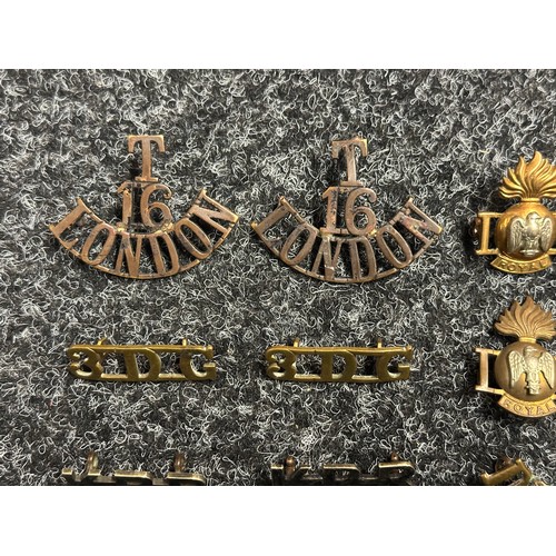 5135 - WW1 & WW2 British Brass Shoulder Titles to include: T16 London x 2: Royal Inniskilling Fusiliers x 4... 