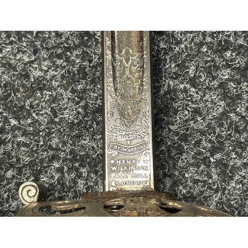 5141 - WW1 British Officers Presentation Sword with single edged fullered blade with etched dedication 