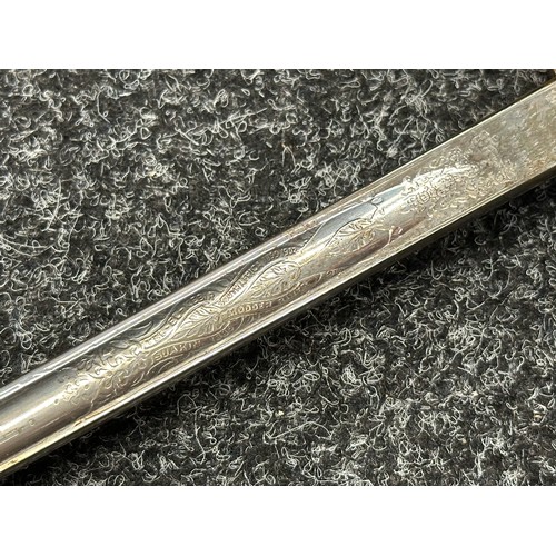 5145 - WW1 GRV Scots Guards Officers Sword with fullered etched plated blade with initial 