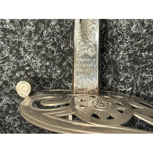 5145 - WW1 GRV Scots Guards Officers Sword with fullered etched plated blade with initial 