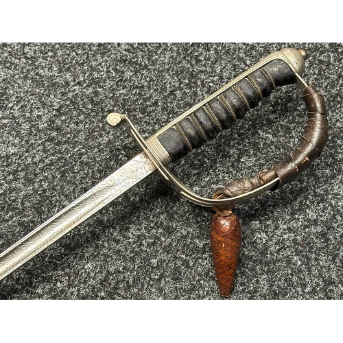 5145 - WW1 GRV Scots Guards Officers Sword with fullered etched plated blade with initial 