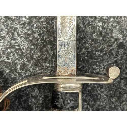 5145 - WW1 GRV Scots Guards Officers Sword with fullered etched plated blade with initial 