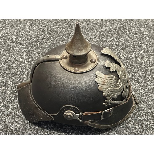 5163 - WW1 Imperial German Pickelhaube Helmet complete with Prussian Helmet plate. Original chinstrap. Late... 