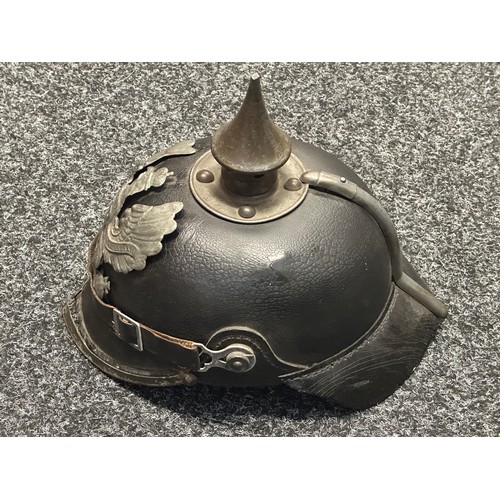 5163 - WW1 Imperial German Pickelhaube Helmet complete with Prussian Helmet plate. Original chinstrap. Late... 