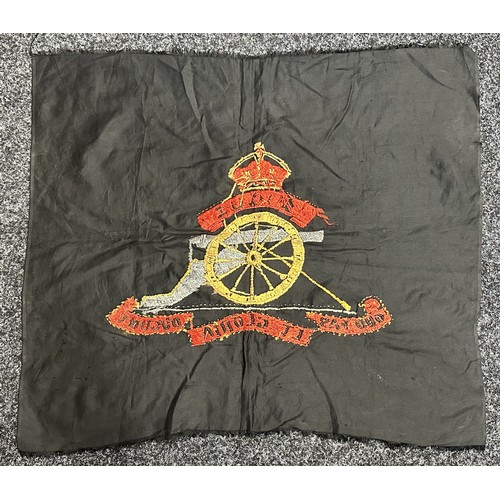 5182 - WW2 British Royal Artillery Sweetheart Embroidery in coloured silks. Approx. size 60cm x 52cm.