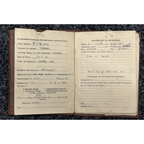 5213 - WW2 British RASC PoW Group to include: AB64 Pay Book to T/189689 Dvr. AW James, photos, paperwork, 1... 