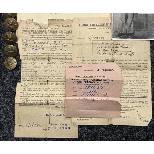 5213 - WW2 British RASC PoW Group to include: AB64 Pay Book to T/189689 Dvr. AW James, photos, paperwork, 1... 