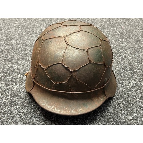 5243 - WW2 Third Reich Waffen SS M40 Single Decal Steel Helmet with Chicken Wire Basket Cover in restored c... 