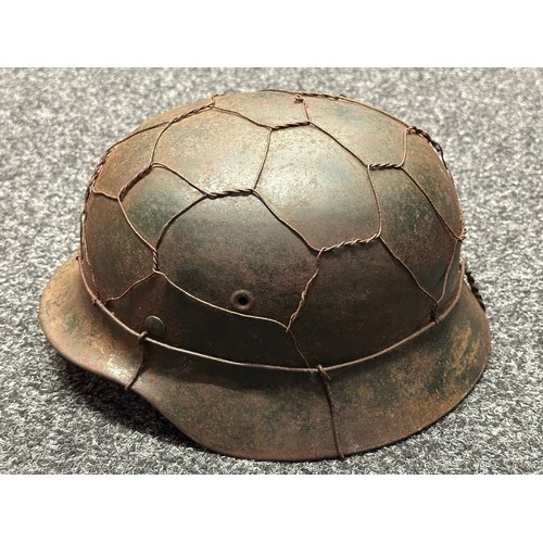 5243 - WW2 Third Reich Waffen SS M40 Single Decal Steel Helmet with Chicken Wire Basket Cover in restored c... 