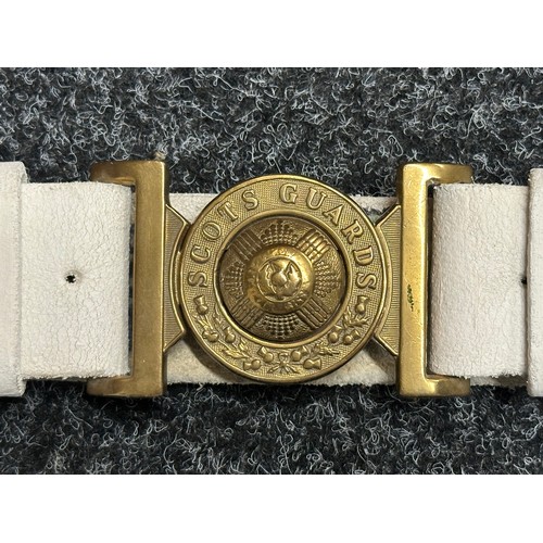 5281 - Post War British Army Full Dress White Leather Belt with brass Scots Guards Buckle.