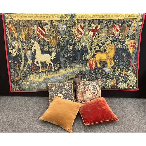 198 - A 20th century tapestry, decorated with a Medieval style woodland scene, with lion and unicorn, 126c... 