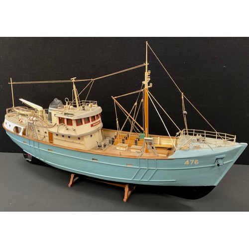 200 - A Static wooden hand built model of a Trawler boat, pale blue, number 476, 83cm long, 44cm high