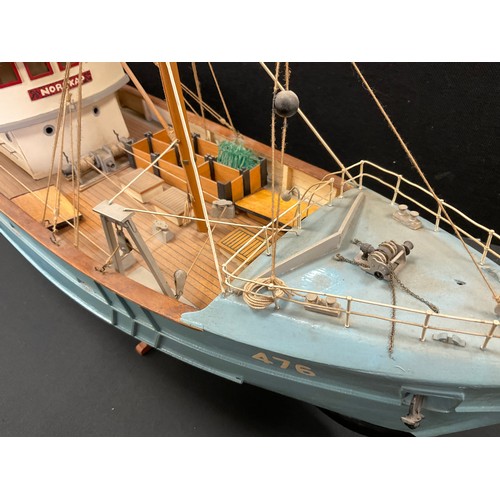 200 - A Static wooden hand built model of a Trawler boat, pale blue, number 476, 83cm long, 44cm high