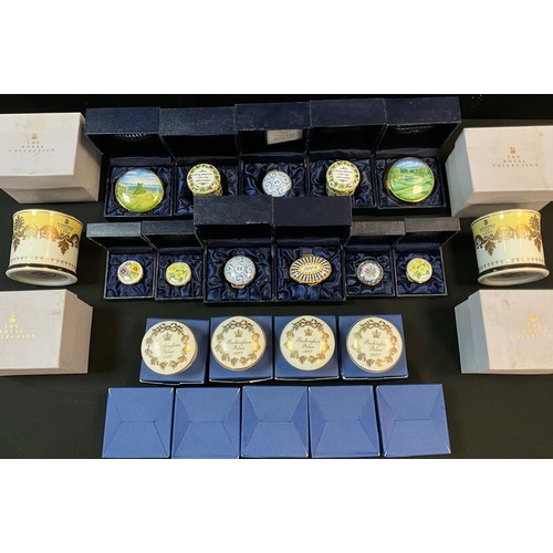 214 - A collection of Crummles hand-painted enamel pill boxes, and desk paper weights, approx. 11;  Buckin... 