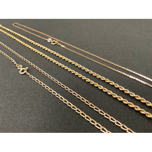 Three 9ct Rose Gold Fine Chains to include; a rope twist chain, an ...
