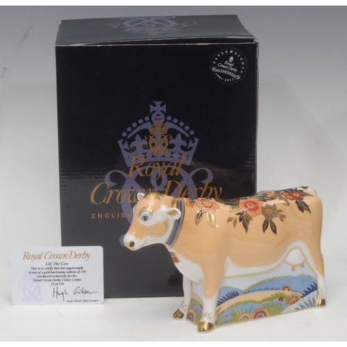 3099 - A Royal Crown Derby paperweight, Lily The Cow, visitor's centre exclusive, limited edition 21/150, g... 