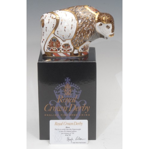 3113 - A Royal Crown Derby paperweight, North American Bison, limited edition pre-release, 20/750, gold sto... 