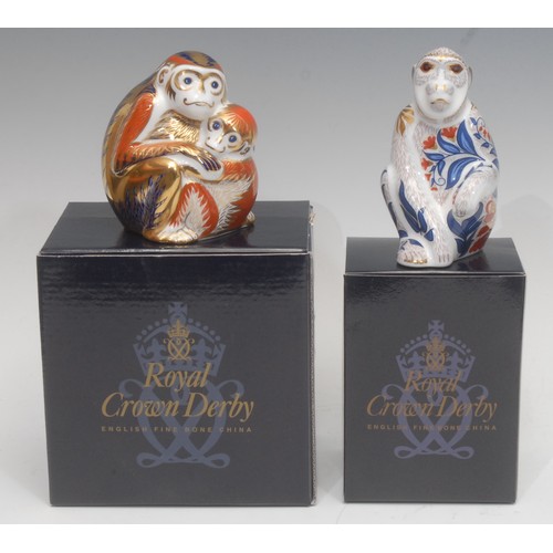 3104 - A Royal Crown Derby paperweight, Macaque, gold stopper, 11cm, printed mark in red, boxed; another, M... 
