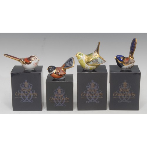 3083 - A Royal Crown Derby paperweight, Greenfinch, gold stopper, 9cm high, printed mark in red, boxed; oth... 