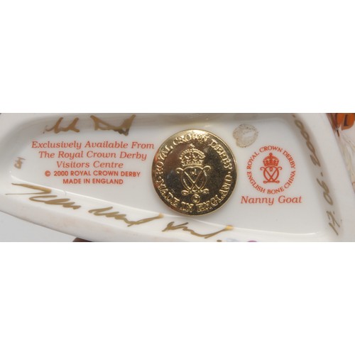 3110 - A Royal Crown Derby paperweight, Nanny Goat, visitor's centre exclusive, gold stopper, 11cm, printed... 