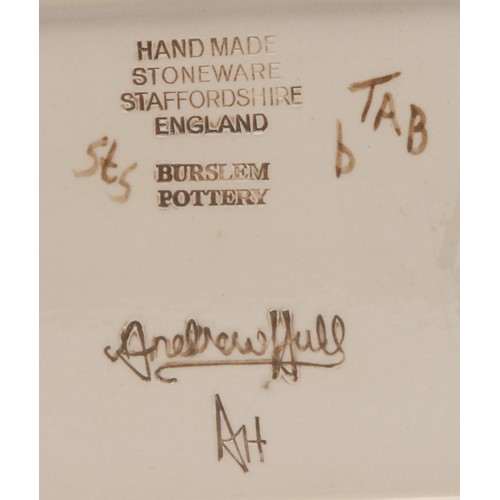 4050 - A Burslem Pottery stoneware mantel clock, the circular dial flanked by a pair of a grotesque 'Wally'... 