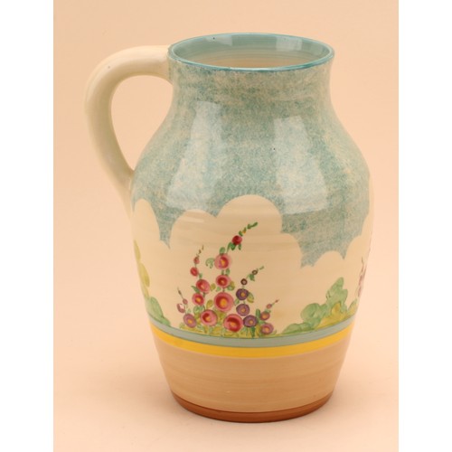 4000 - A Clarice Cliff Isis jug or vase, painted with stylised pink flowers under a mottled blue sky, 25cm ... 