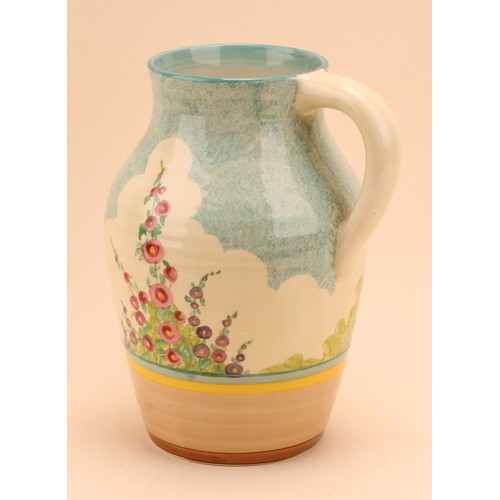 4000 - A Clarice Cliff Isis jug or vase, painted with stylised pink flowers under a mottled blue sky, 25cm ... 