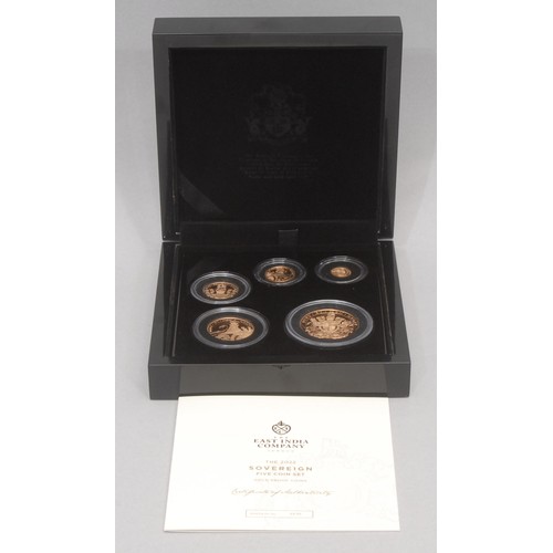 3017 - Gold proof coins - The East India Company London, 22ct gold five coin set, comprising a five soverei... 