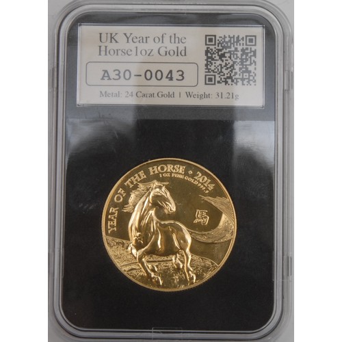 3024 - Gold proof coins - 24ct gold UK Year of the Horse 1oz 100 pound coin, 31.21g, 2014, lined case and c... 