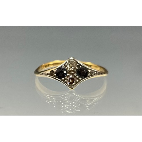 6267 - An Art Deco tested 9ct gold sapphire and diamond ring, set with two melee round old cut sapphires an... 