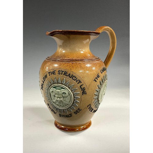 6293 - A 19th century Doulton Lambeth salt glaze stoneware motto jug, of baluster form, the sides applied w... 