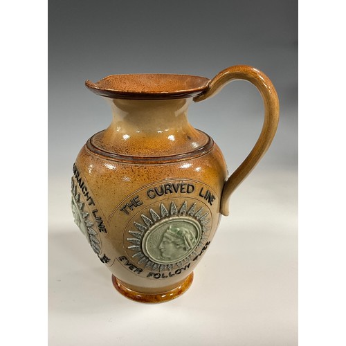 6293 - A 19th century Doulton Lambeth salt glaze stoneware motto jug, of baluster form, the sides applied w... 